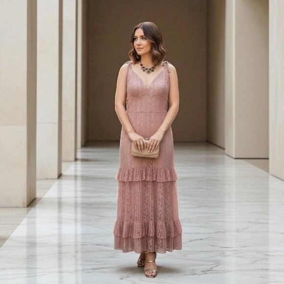 NWT BELLEVUE THE LABEL Florence Lace Maxi Dress in Dusty Pink - Picture 1 of 6